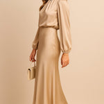 Leona | Women's Long Sleeve Satin Mock Neck Midi Dress - Apricot