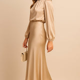 Leona | Women's Long Sleeve Satin Mock Neck Midi Dress - Apricot