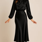 Leona | Women's Long Sleeve Satin Mock Neck Midi Dress - Black