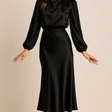 Leona | Women's Long Sleeve Satin Mock Neck Midi Dress - Black