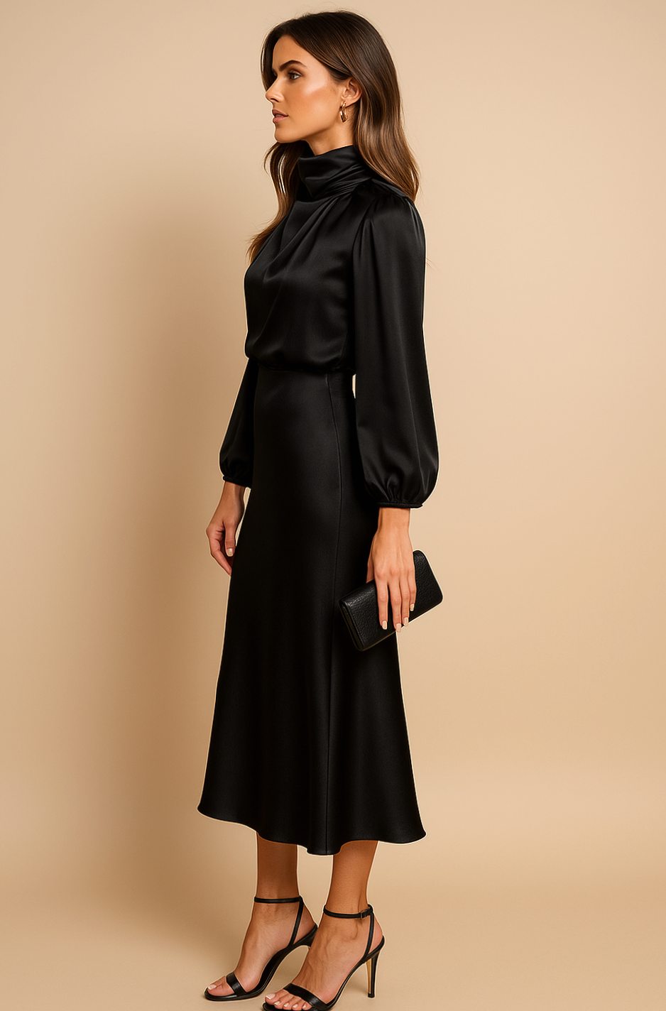 Leona | Women's Long Sleeve Satin Mock Neck Midi Dress