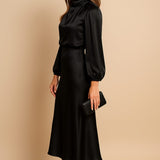 Leona | Women's Long Sleeve Satin Mock Neck Midi Dress