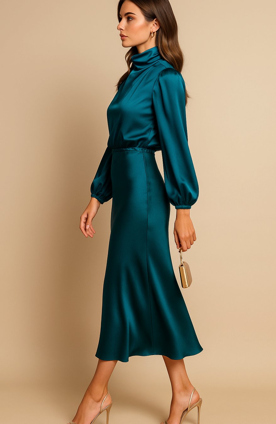 Leona | Women's Long Sleeve Satin Mock Neck Midi Dress