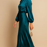 Leona | Women's Long Sleeve Satin Mock Neck Midi Dress