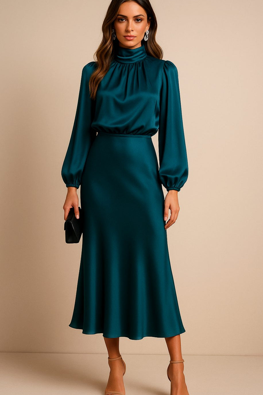 Leona | Women's Long Sleeve Satin Mock Neck Midi Dress - Blue