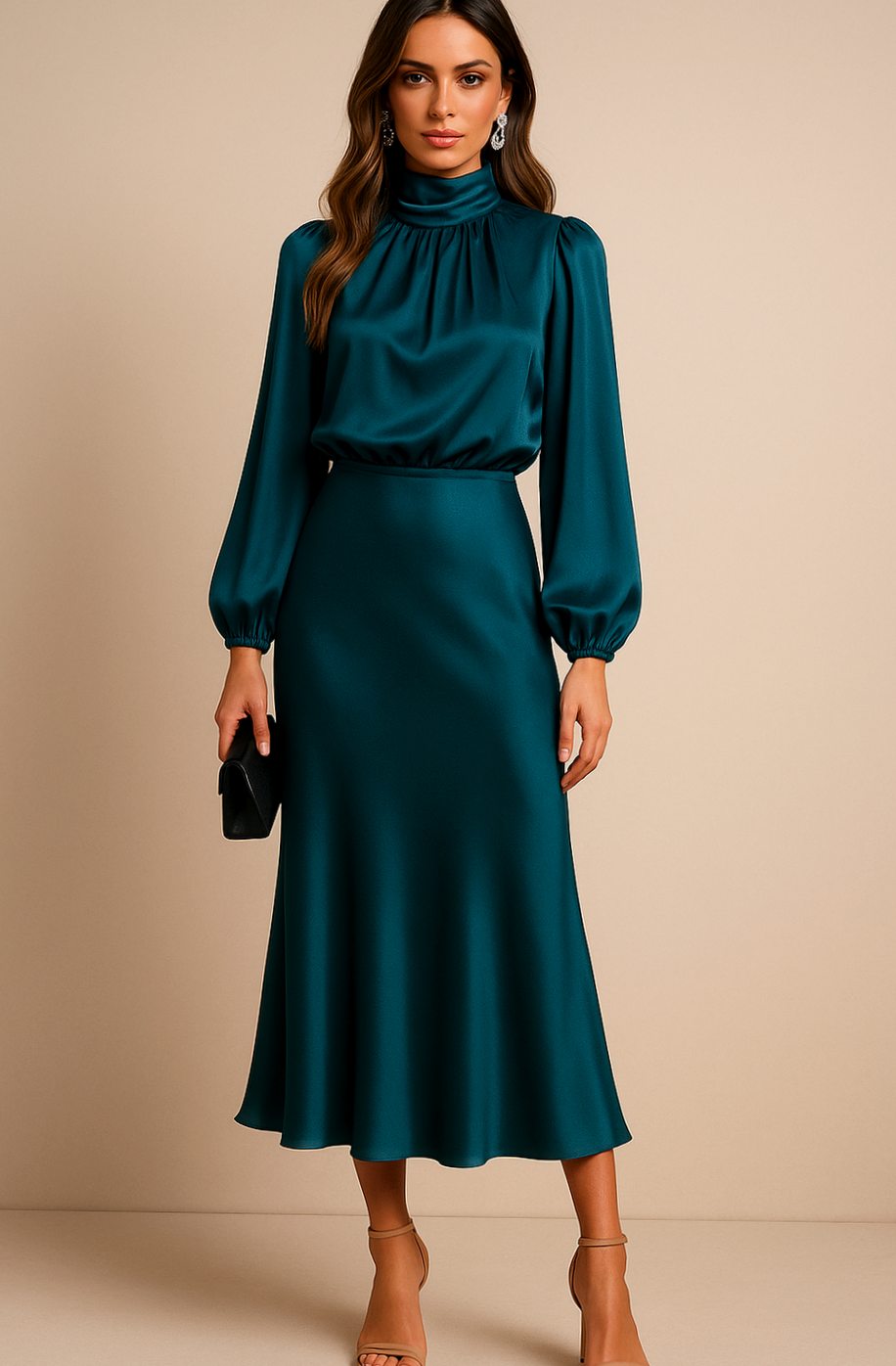 Leona | Women's Long Sleeve Satin Mock Neck Midi Dress - Blue