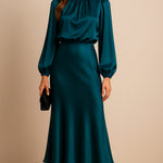 Leona | Women's Long Sleeve Satin Mock Neck Midi Dress - Blue