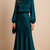 Leona | Women's Long Sleeve Satin Mock Neck Midi Dress - Blue