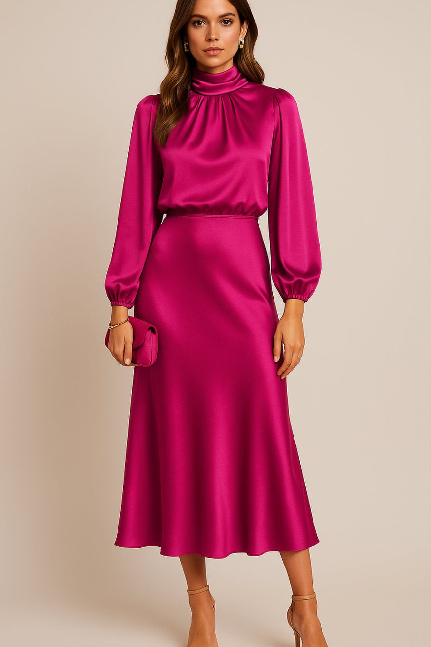 Leona | Women's Long Sleeve Satin Mock Neck Midi Dress - Pink