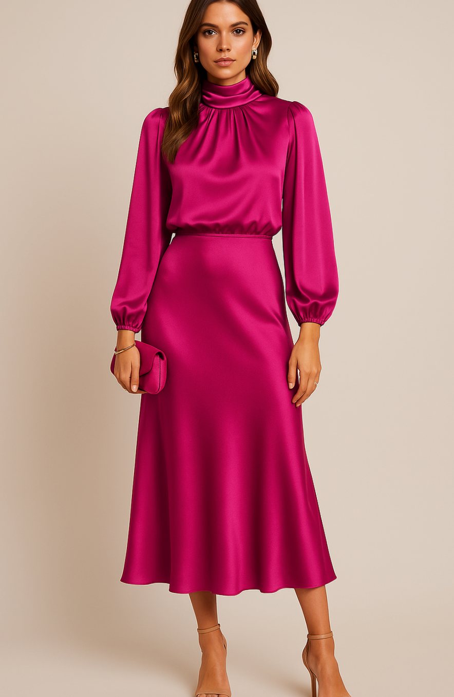 Leona | Women's Long Sleeve Satin Mock Neck Midi Dress - Pink