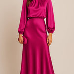 Leona | Women's Long Sleeve Satin Mock Neck Midi Dress - Pink
