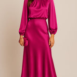 Leona | Women's Long Sleeve Satin Mock Neck Midi Dress - Pink