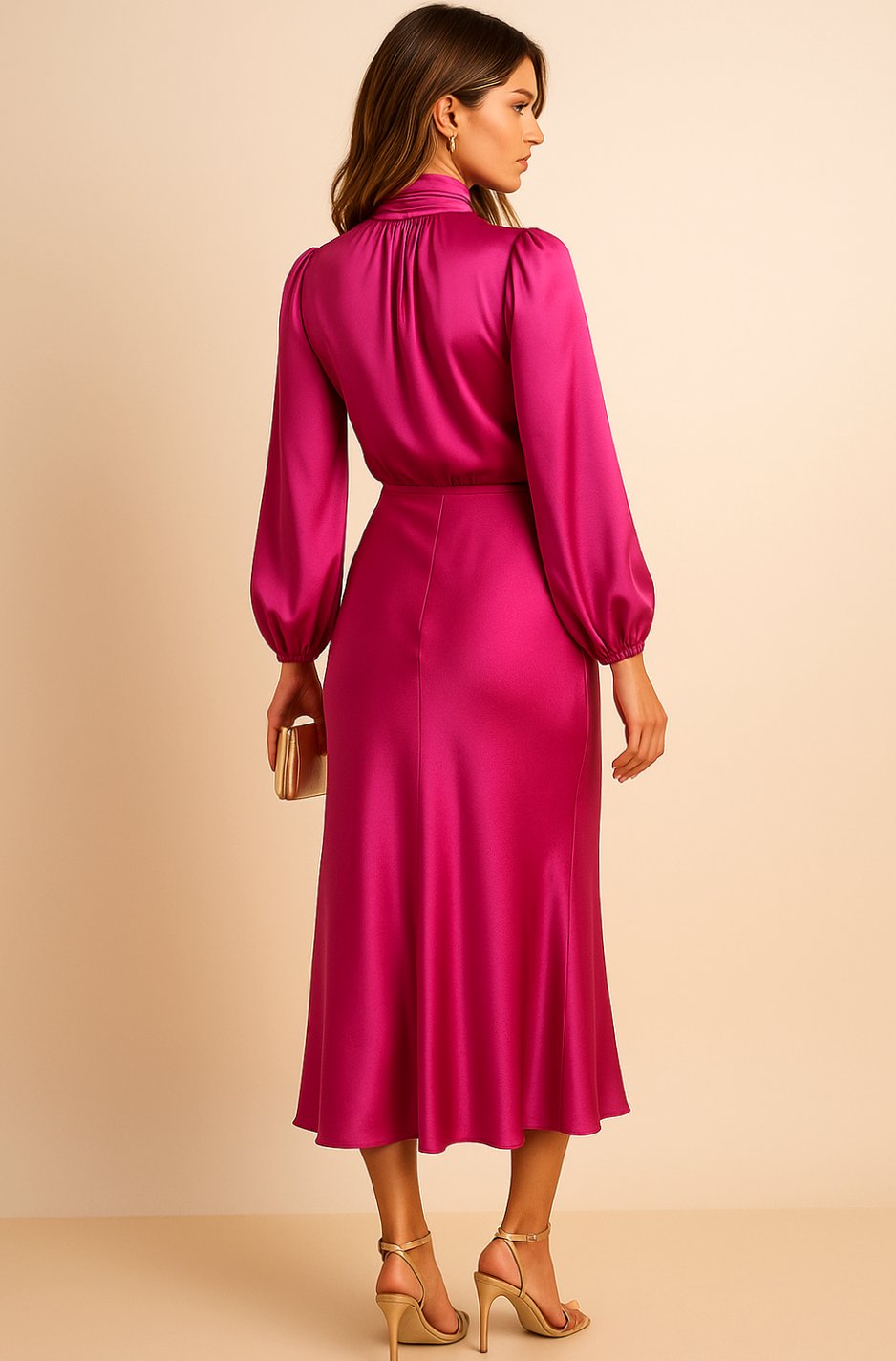 Leona | Women's Long Sleeve Satin Mock Neck Midi Dress