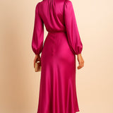 Leona | Women's Long Sleeve Satin Mock Neck Midi Dress