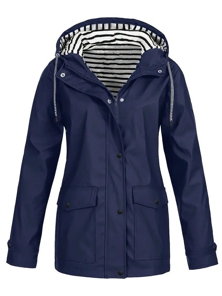 Willow | Women's Hooded Waterproof Striped Rain Jacket - Navy Blue