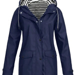 Willow | Women's Hooded Waterproof Striped Rain Jacket - Navy Blue