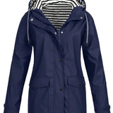 Willow | Women's Hooded Waterproof Striped Rain Jacket - Navy Blue