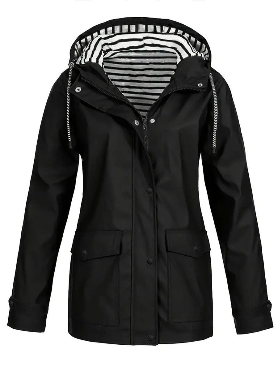 Willow | Women's Hooded Waterproof Striped Rain Jacket - Black