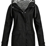 Willow | Women's Hooded Waterproof Striped Rain Jacket - Black