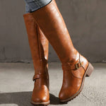 Philippa | Women's Block Heel Leather Look Buckle Knee-High Boots - Brown