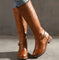 Philippa | Women's Block Heel Leather Look Buckle Knee-High Boots - Brown