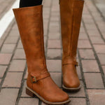 Philippa | Women's Block Heel Leather Look Buckle Knee-High Boots