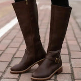 Philippa | Women's Block Heel Leather Look Buckle Knee-High Boots