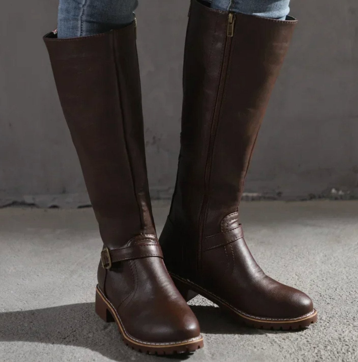 Philippa | Women's Block Heel Leather Look Buckle Knee-High Boots