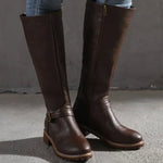 Philippa | Women's Block Heel Leather Look Buckle Knee-High Boots