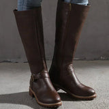 Philippa | Women's Block Heel Leather Look Buckle Knee-High Boots