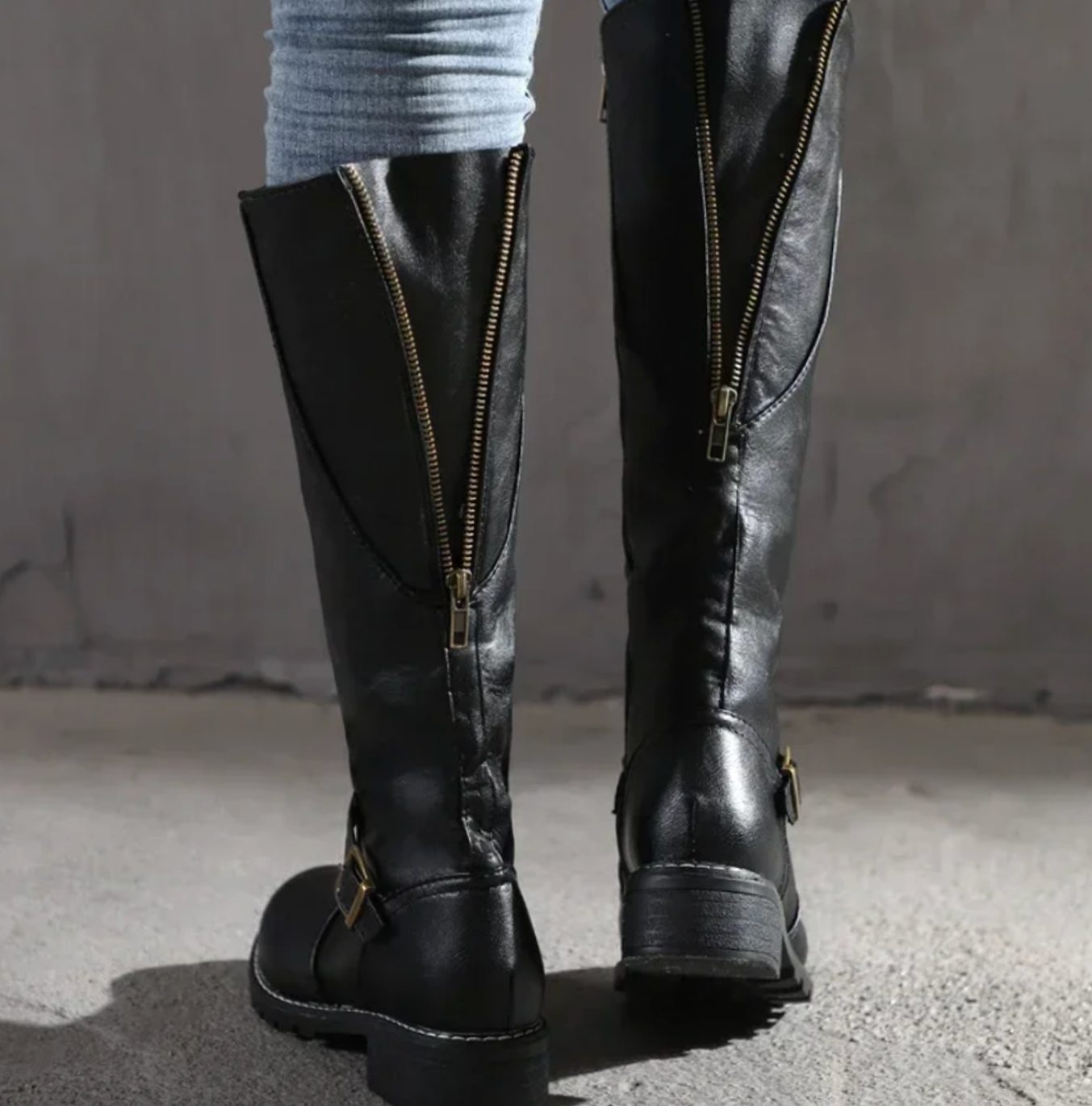 Philippa | Women's Block Heel Leather Look Buckle Knee-High Boots - Black