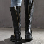 Philippa | Women's Block Heel Leather Look Buckle Knee-High Boots - Black