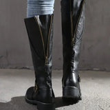 Philippa | Women's Block Heel Leather Look Buckle Knee-High Boots - Black