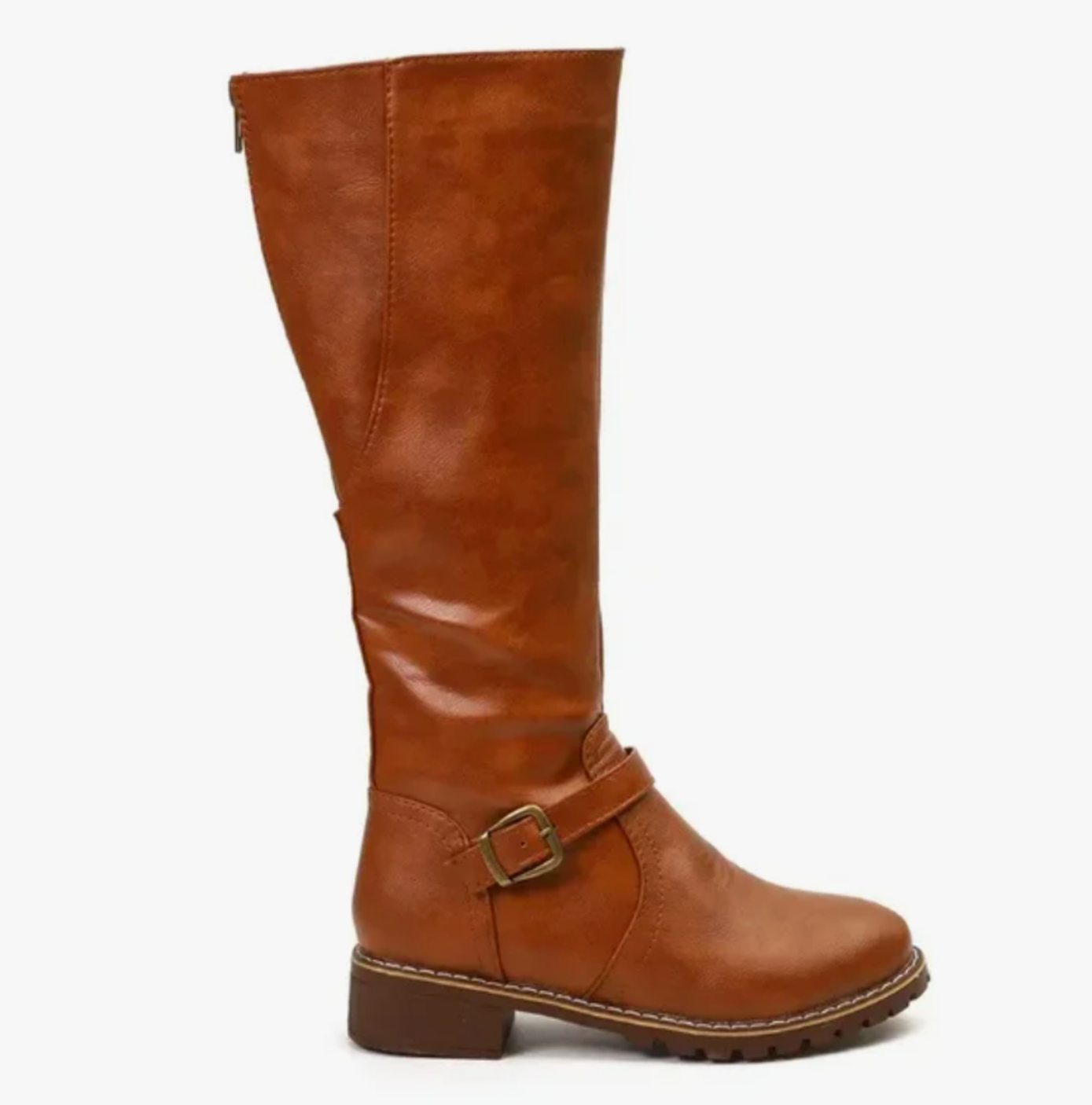 Philippa | Women's Block Heel Leather Look Buckle Knee-High Boots