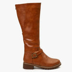 Philippa | Women's Block Heel Leather Look Buckle Knee-High Boots