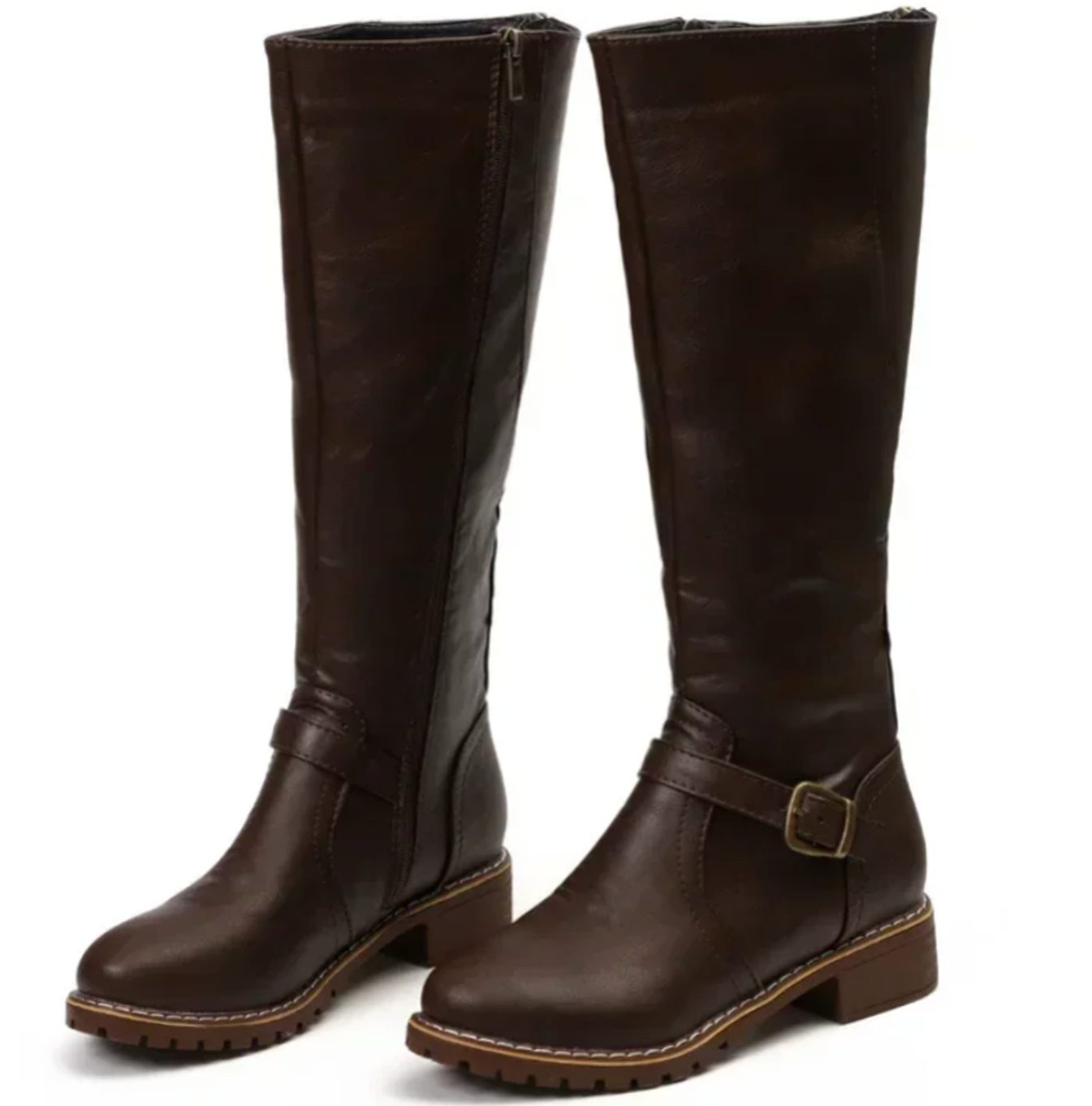 Philippa | Women's Block Heel Leather Look Buckle Knee-High Boots - Dark Brown