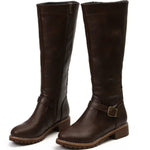 Philippa | Women's Block Heel Leather Look Buckle Knee-High Boots - Dark Brown