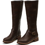 Philippa | Women's Block Heel Leather Look Buckle Knee-High Boots - Dark Brown