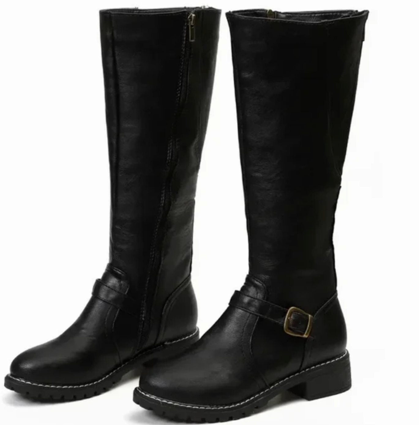 Philippa | Women's Block Heel Leather Look Buckle Knee-High Boots
