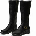 Philippa | Women's Block Heel Leather Look Buckle Knee-High Boots