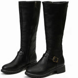 Philippa | Women's Block Heel Leather Look Buckle Knee-High Boots