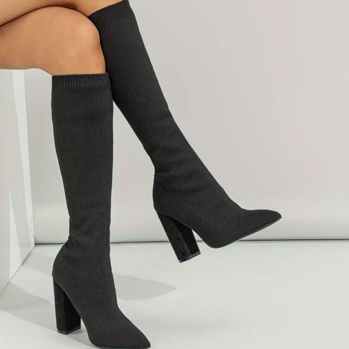 Emilia | Women's Block Heel Knee High Sock Boots - Black