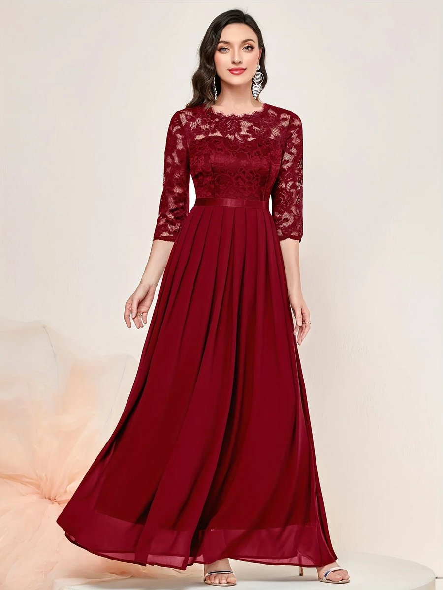 Ethel | Women's Three Quarter Sleeve Maxi Dress - Red
