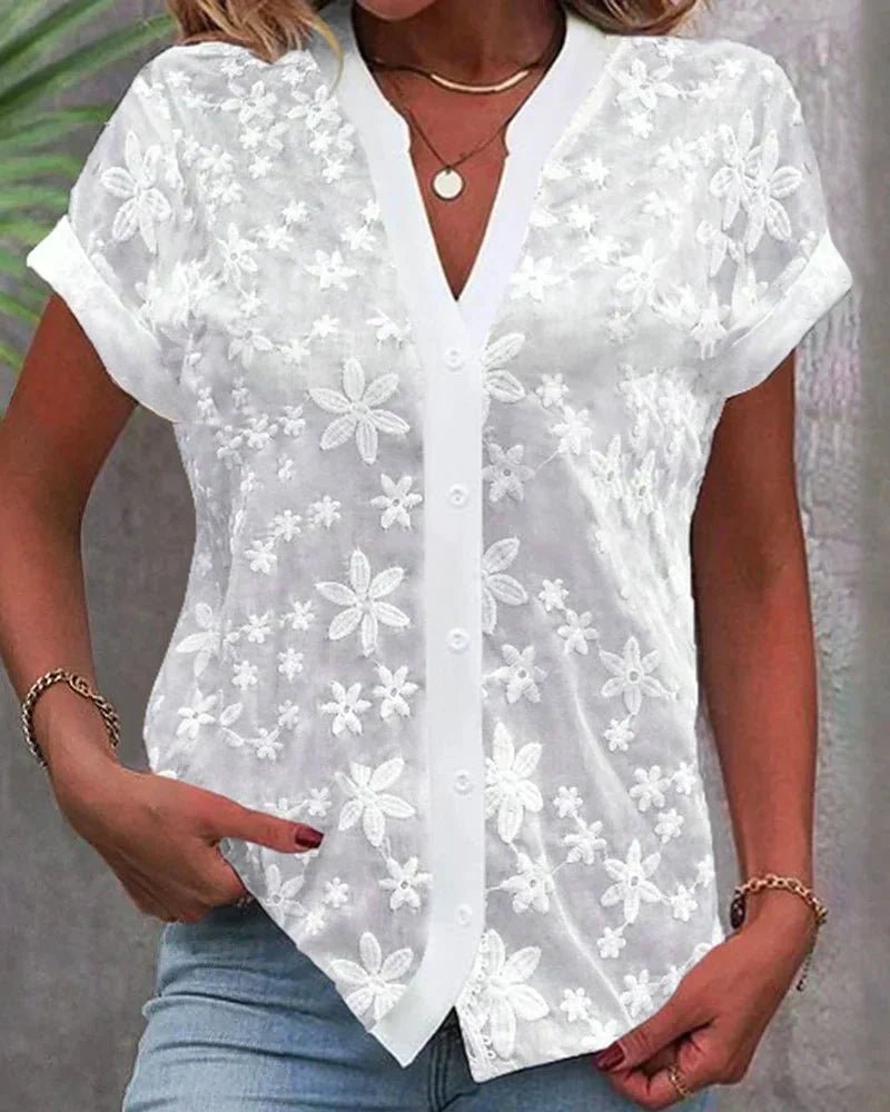 Holly | Women's Floral V Neck Short Sleeve Blouse - White