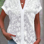 Holly | Women's Floral V Neck Short Sleeve Blouse - White