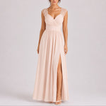 Delilah | Women's V Neck Wrap Maxi Wedding Guest Dress - Beige
