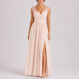 Delilah | Women's V Neck Wrap Maxi Wedding Guest Dress - Beige