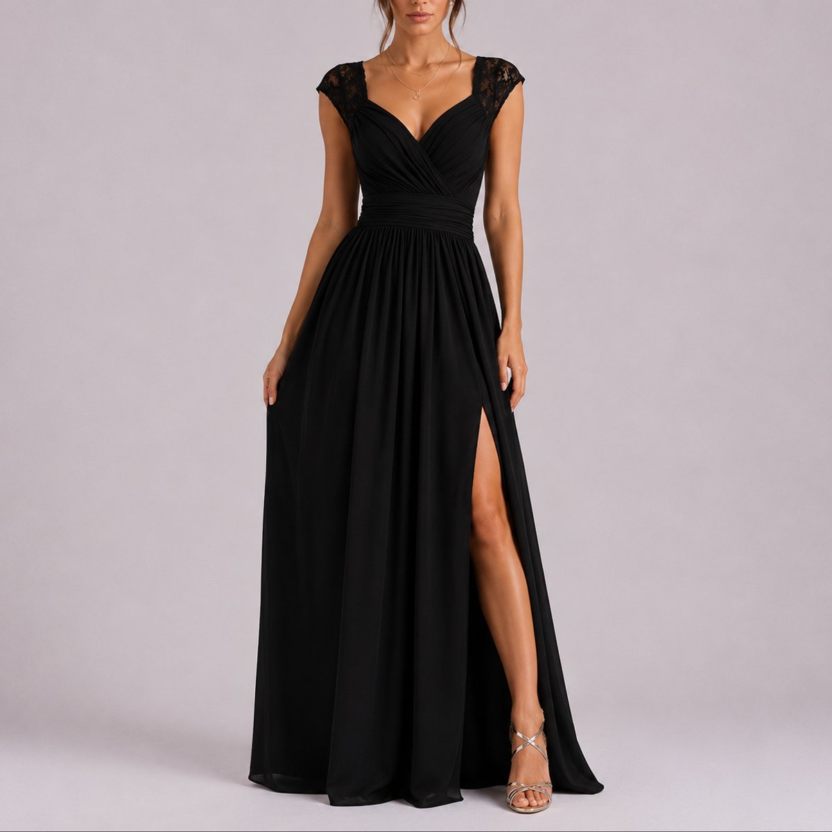 Delilah | Women's V Neck Wrap Maxi Wedding Guest Dress - Black