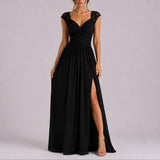 Delilah | Women's V Neck Wrap Maxi Wedding Guest Dress - Black