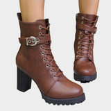 Freya | Women's Block Heel Leather Look Buckle Combat Boots